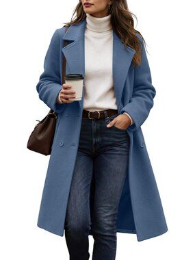 Women's Blue Lapel Collar Long Sleeve Pockets Outerwear Casual Long Trench Coat